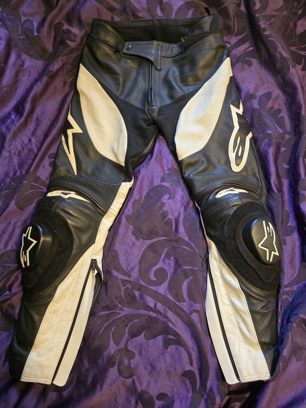 Alpinestars Black and White Leather Motorcycle Pants with Knee Sliders